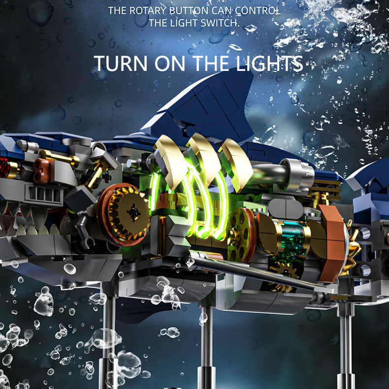 Mechanical Shark Building Blocks 687 PCS – Light-Up Movable Joints Model Kit