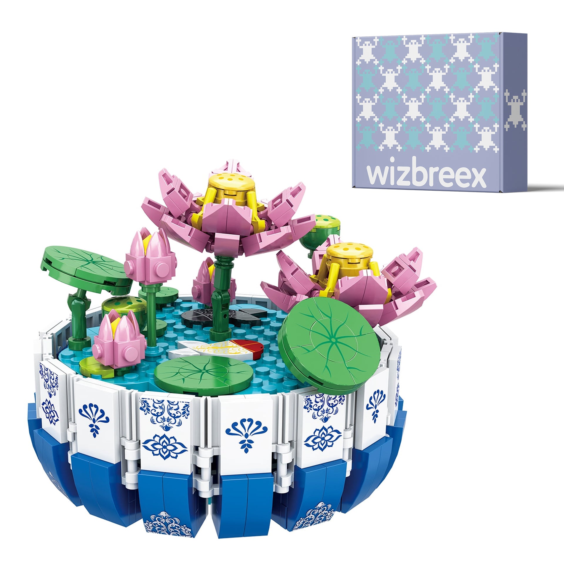 LOTUS BLOSSOM BUILDING BLOCK SET, SIMULATED POTTED PLANT, LOTUS BLOSSOM DESK DECOR, 404+ PIECES, AGES 6+