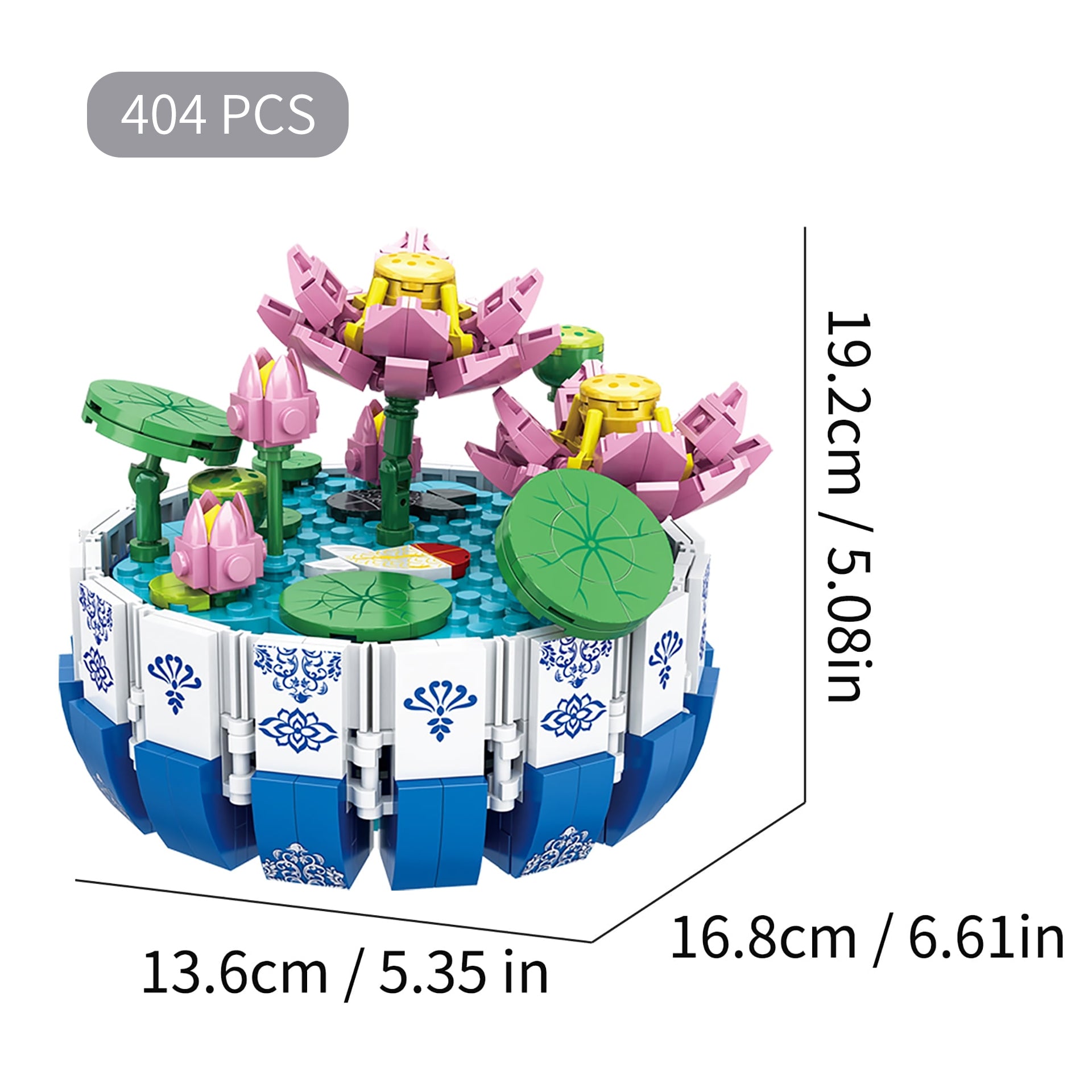 LOTUS BLOSSOM BUILDING BLOCK SET, SIMULATED POTTED PLANT, LOTUS BLOSSOM DESK DECOR, 404+ PIECES, AGES 6+