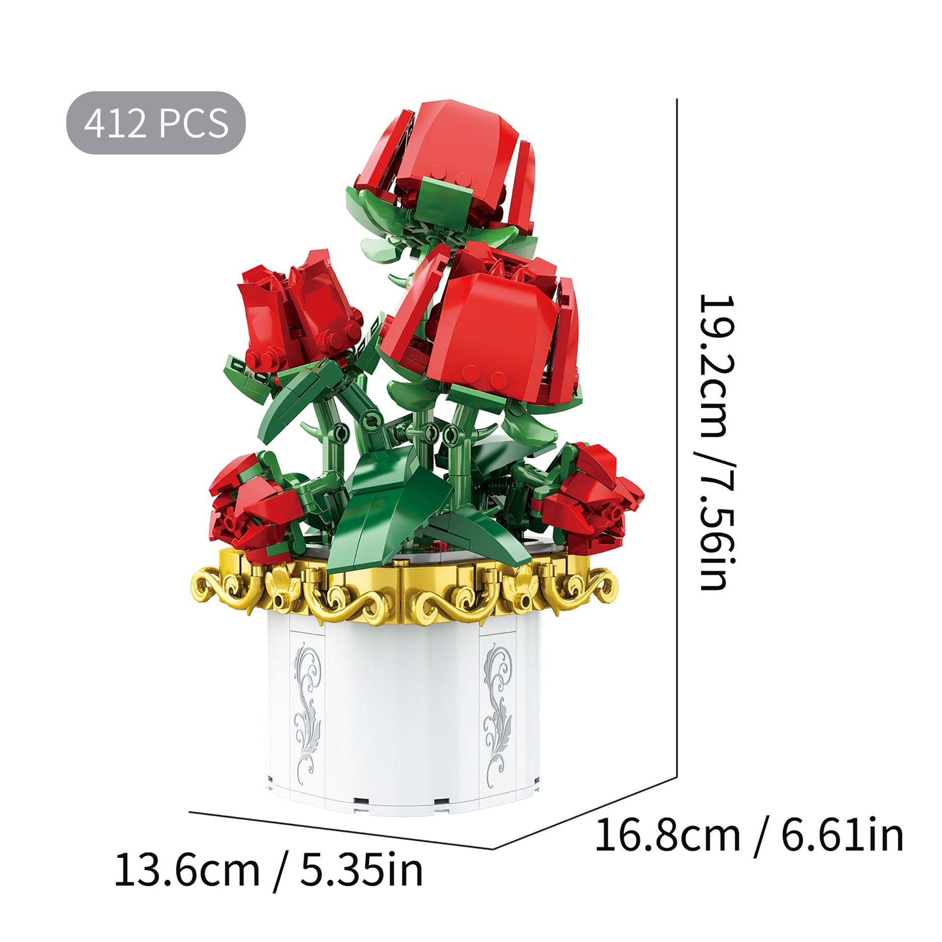 BOUQUET BUILDING BLOCK SET, ROSE TOY BUILDING BLOCK SET WITH VASE, FLORAL BLOOM DESK DECOR, 412+ PIECES