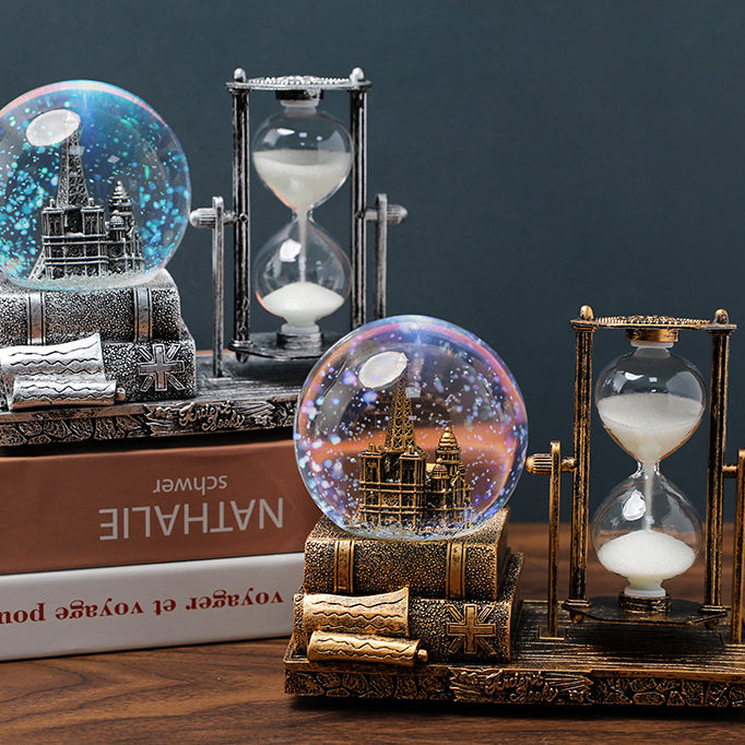 Retro Time Art Ornaments—A Crystal Ball and Hourglass Symphony